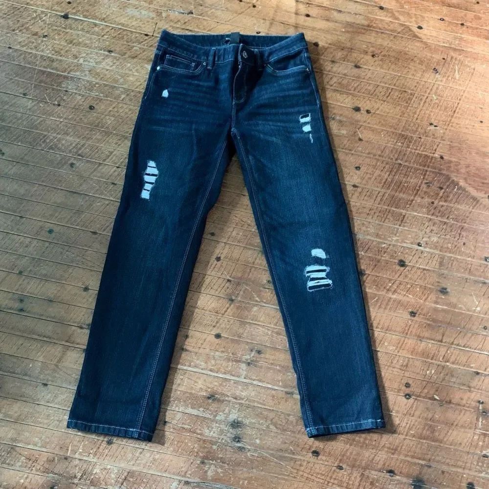 White House Black Market distressed straight crop 2 dark wash jeans